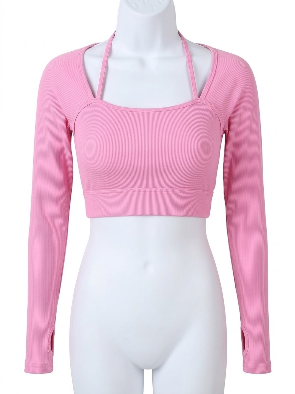Pink Ribbed Long-Sleeve Halter-Detail Crop Top